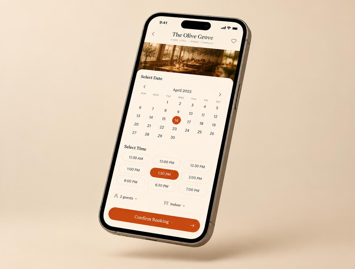 A restaurant table-booking app shown on a smartphone