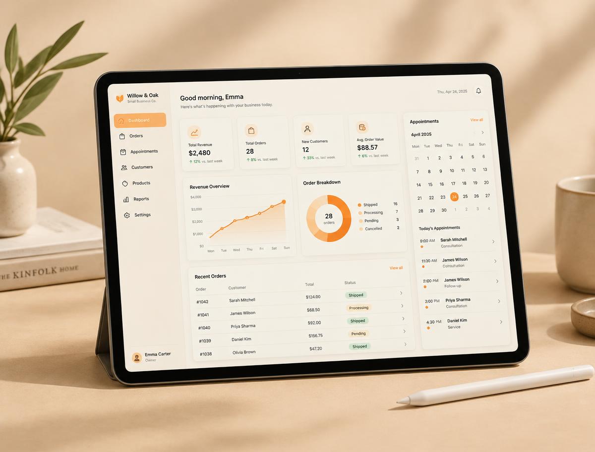 A business dashboard with orders, revenue and appointments on a tablet